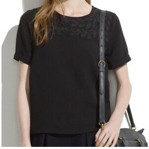 Madewell Embroidered Ivy Leaf Detail Cuff Sleeves Crew Neck Blouse Black Small